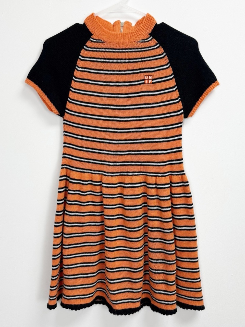 UNIF Sweater Dress Womens Small Orange Black Striped Short Sleeve Fit Flare